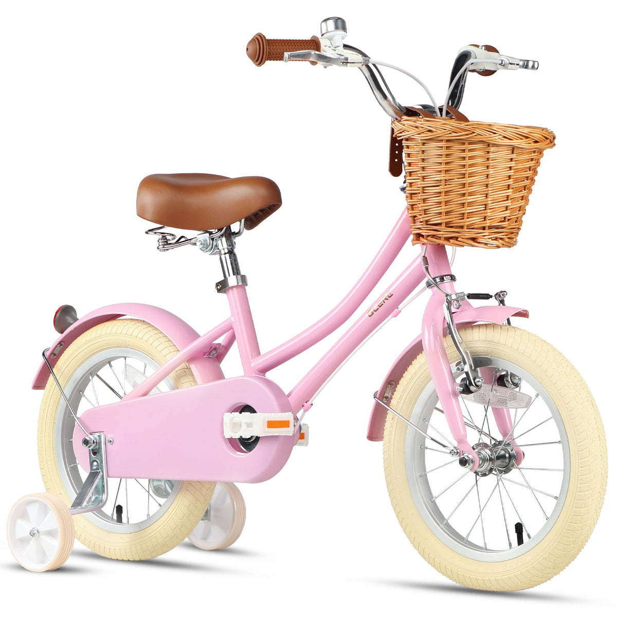 Glerc Little Molly 16 inch kids bike with stabilisers, wicker basket and mudguards in Pink, view 2