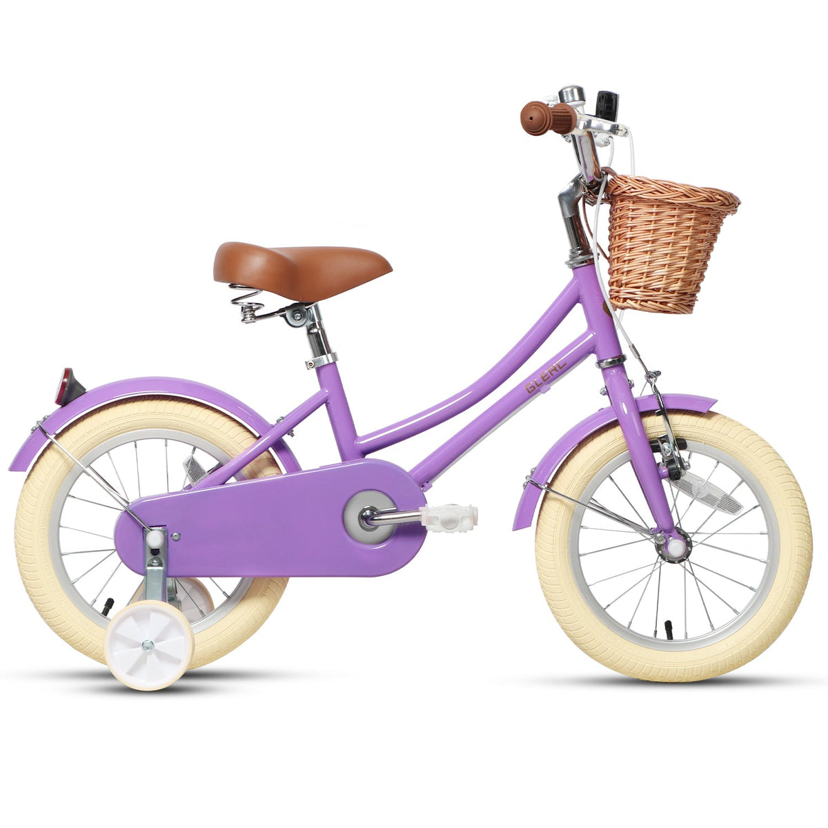 Glerc Little Molly 12 inch kids bike with stabilisers, wicker basket and mudguards in Purple