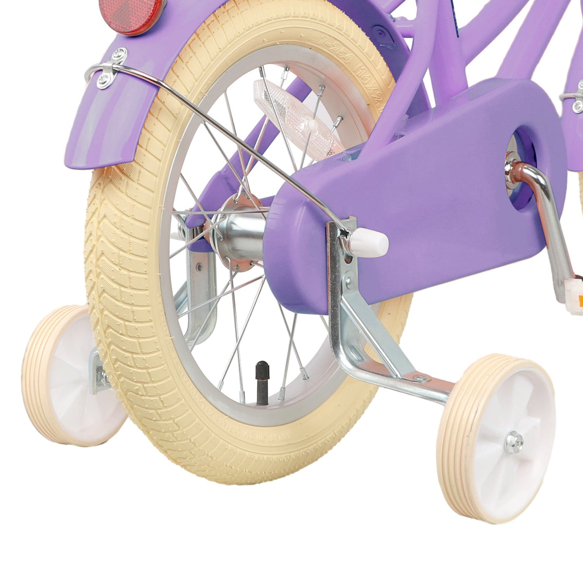 Glerc Little Molly 16 inch kids bike with stabilisers, wicker basket and mudguards in Purple, view 3