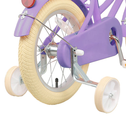 Glerc Little Molly 16 inch kids bike with stabilisers, wicker basket and mudguards in Purple, view 3