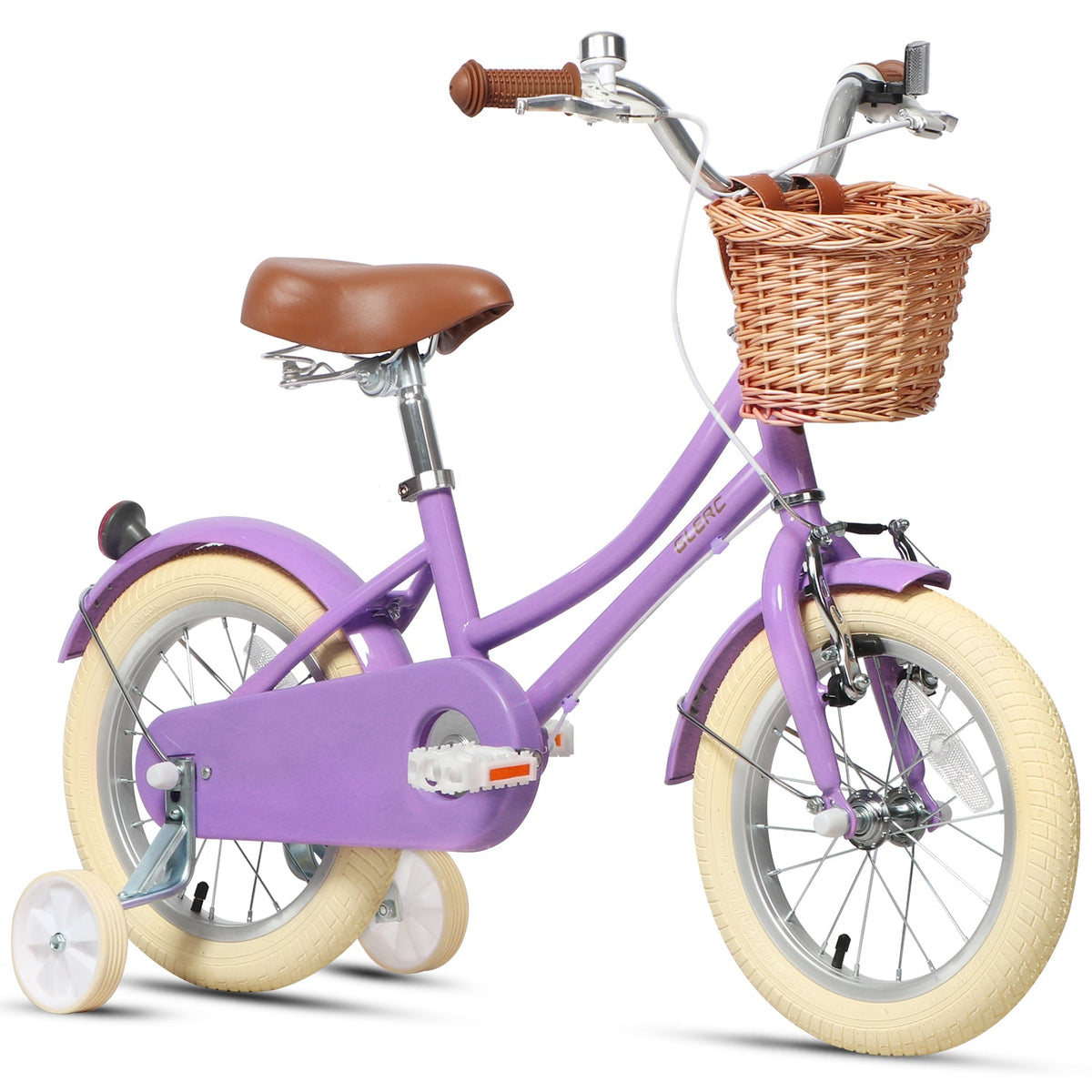 Glerc Little Molly 16 inch kids bike with stabilisers, wicker basket and mudguards in Purple, view 2