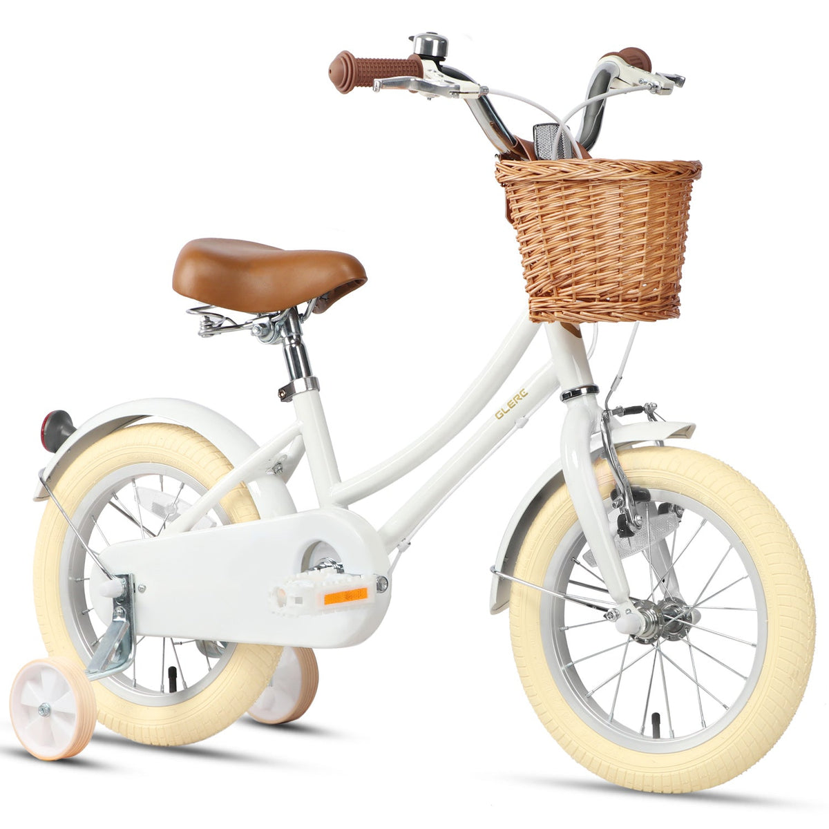Glerc Little Molly 14 inch kids bike with stabilisers, wicker basket and mudguards in White, view 2
