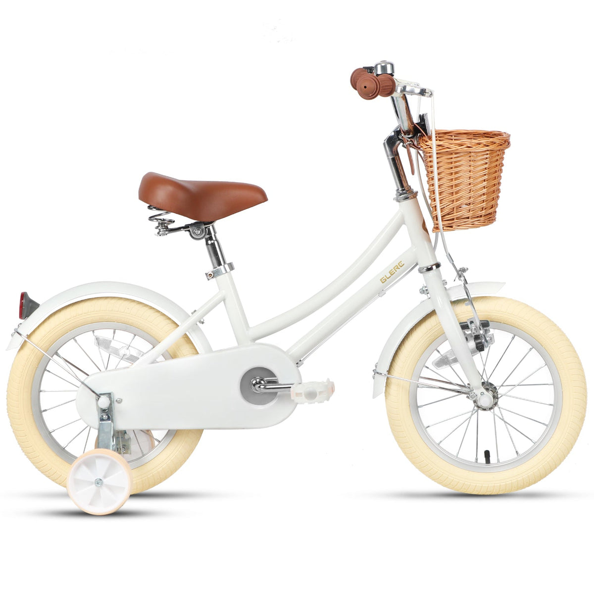 Glerc Little Molly 12 inch kids bike with stabilisers, wicker basket and mudguards in White