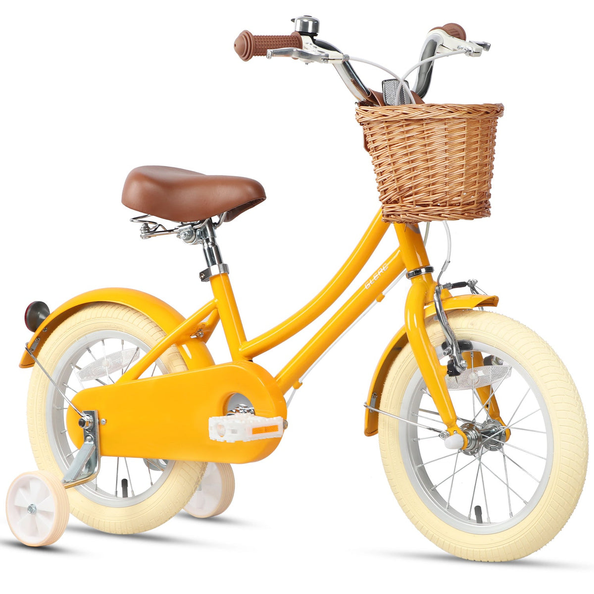 Glerc Little Molly 16 inch kids bike with stabilisers, wicker basket and mudguards in Yellow, view 3