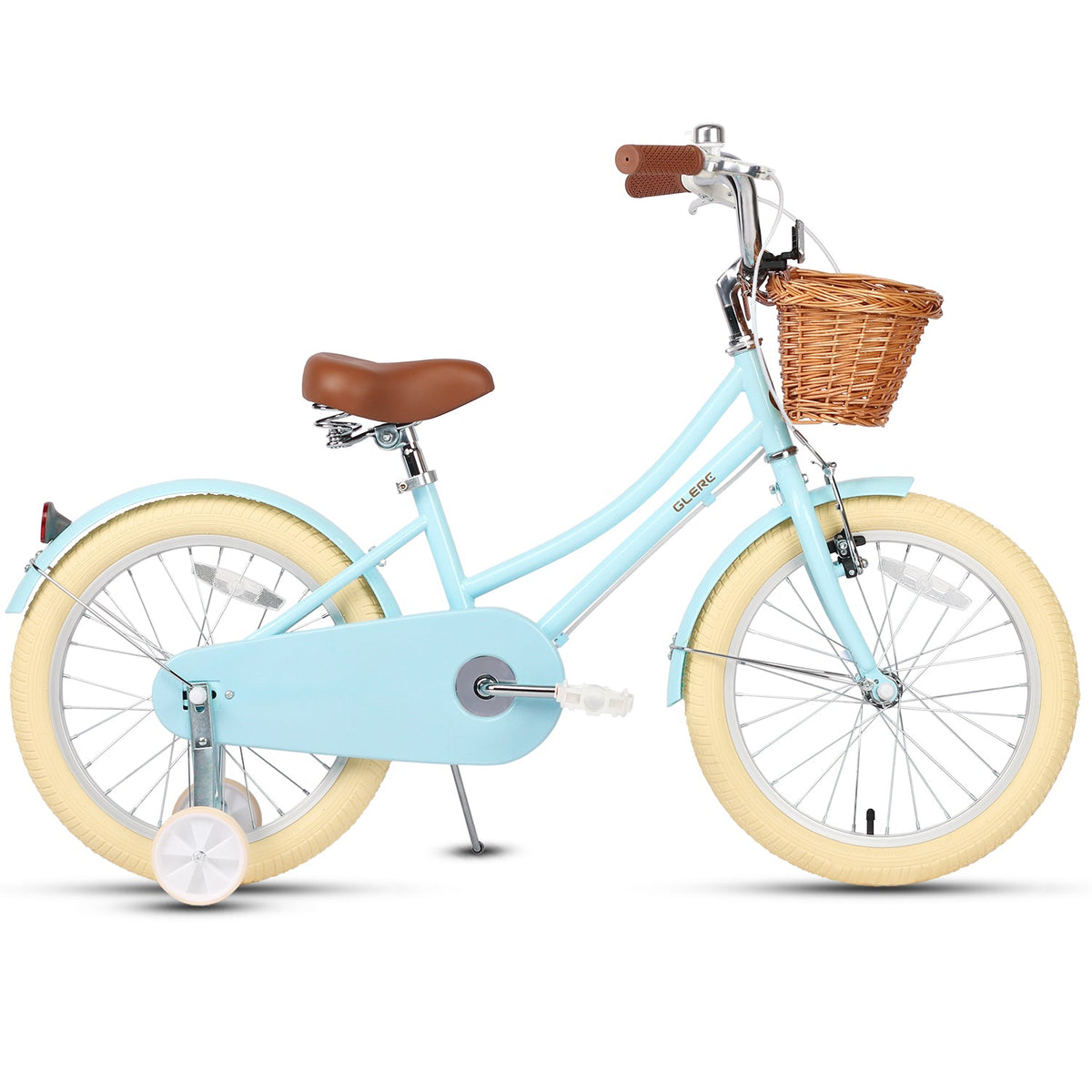Glerc Little Molly 18 inch kids bike with stabilisers, wicker basket and mudguards in Blue
