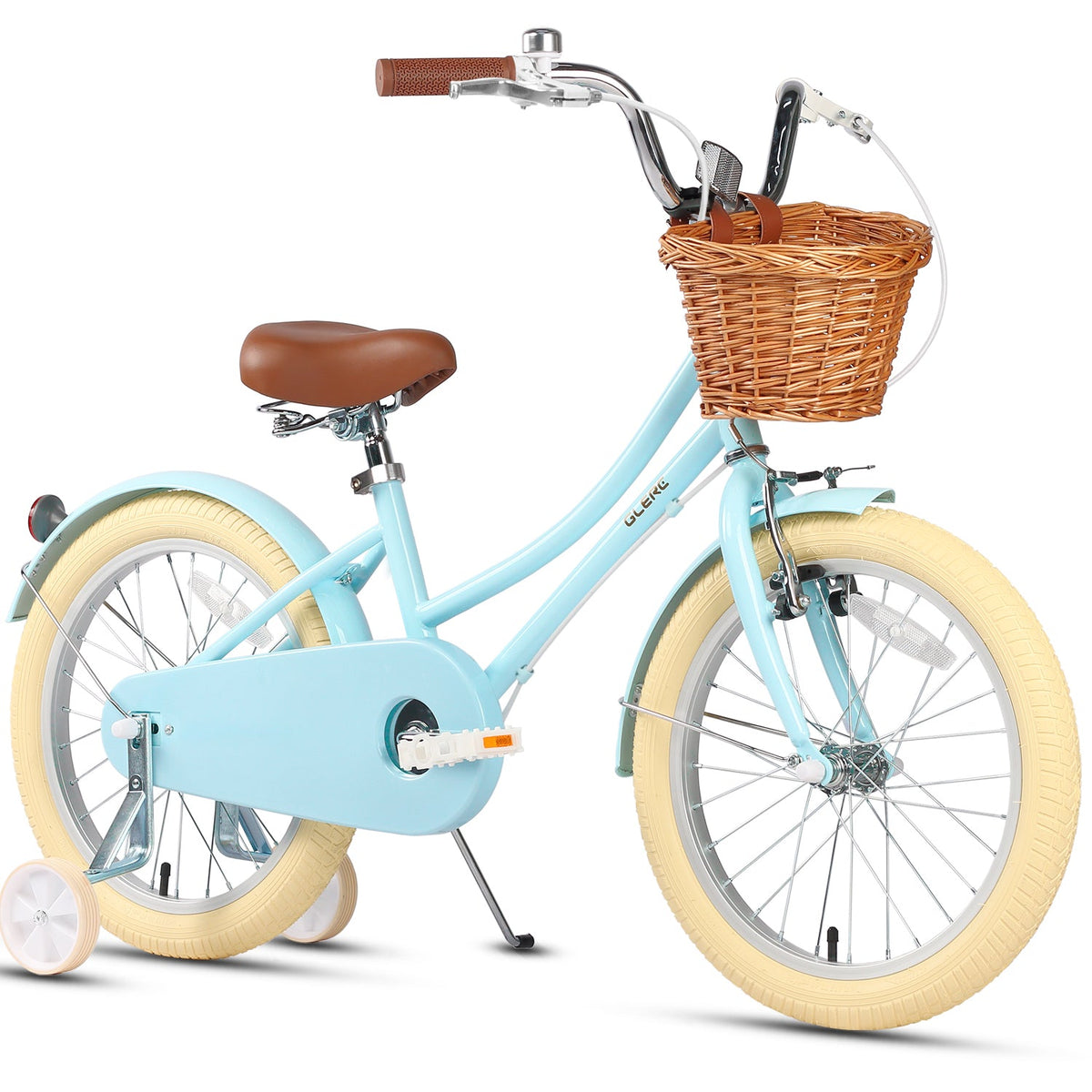 Glerc Little Molly 18 inch kids bike with stabilisers, wicker basket and mudguards in Blue, view 2