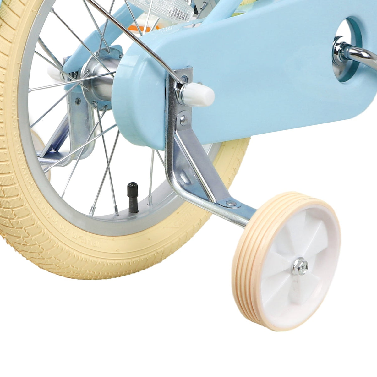 Glerc Little Molly 18 inch kids bike with stabilisers, wicker basket and mudguards in Blue, view 3