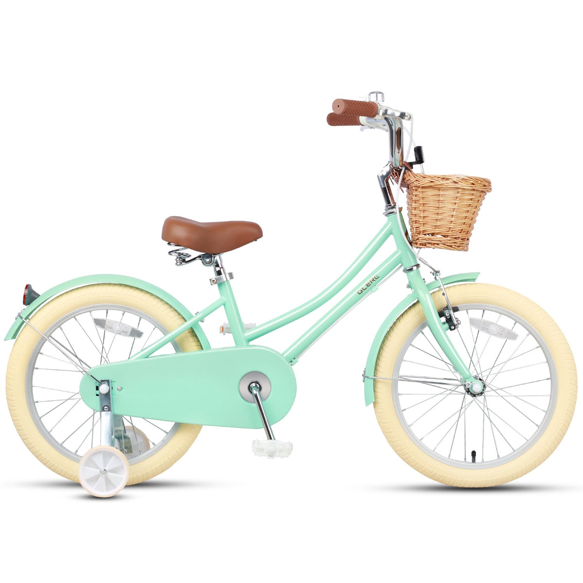 Glerc Little Molly 18 inch kids bike with stabilisers, wicker basket and mudguards in Mint Green