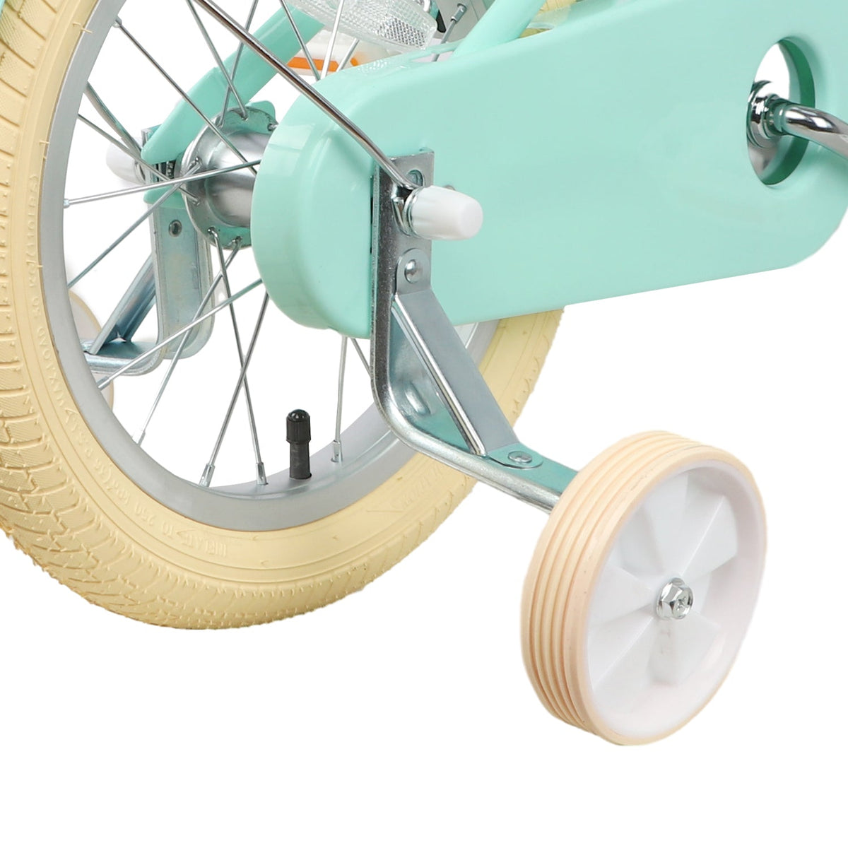 Glerc Little Molly 18 inch kids bike with stabilisers, wicker basket and mudguards in Mint Green, view 4