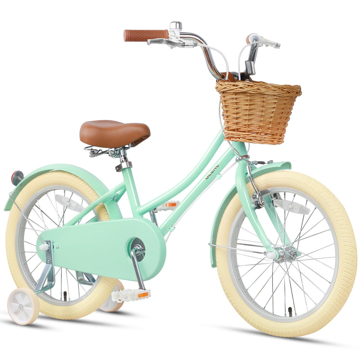 Glerc Little Molly 18 inch kids bike with stabilisers, wicker basket and mudguards in Mint Green, view 3