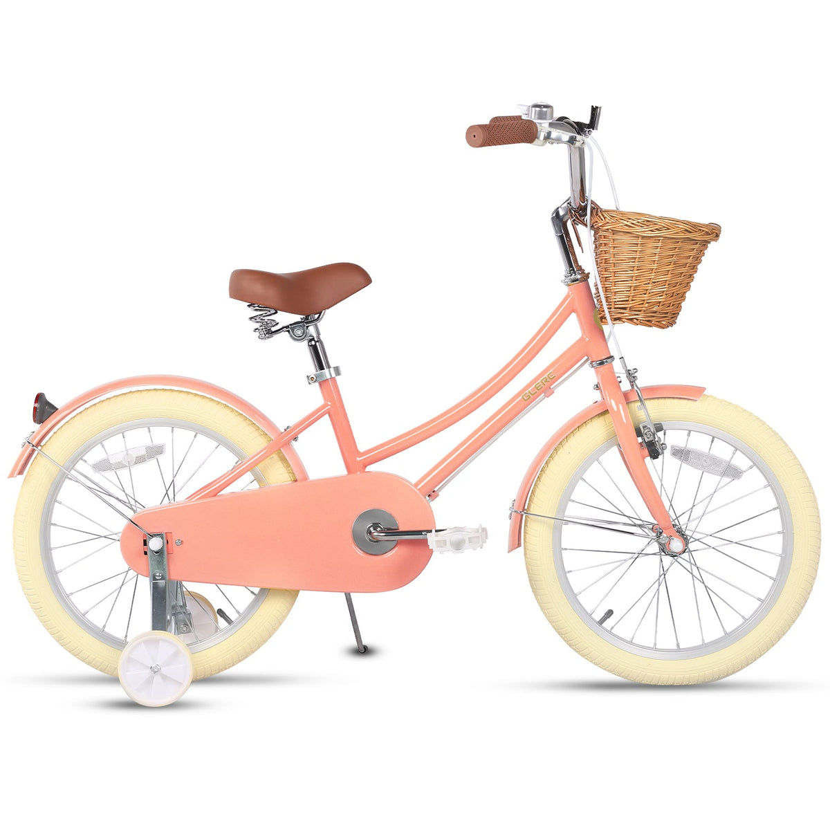 Glerc Little Molly 18 inch kids bike with stabilisers, wicker basket and mudguards in Peach
