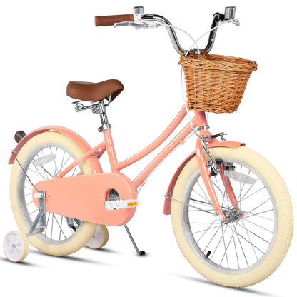 Glerc Little Molly 18 inch kids bike with stabilisers, wicker basket and mudguards in Peach, view 3
