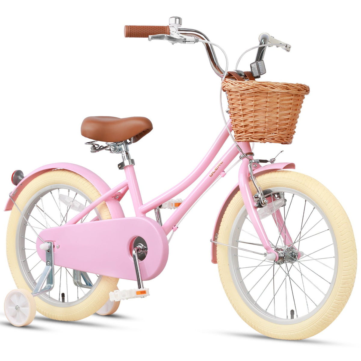 Glerc Little Molly 18 inch kids bike with stabilisers, wicker basket and mudguards in Pink, view 3