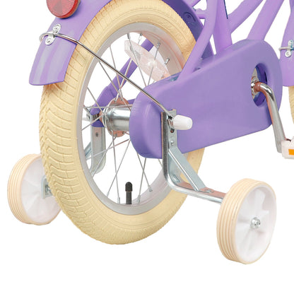 Glerc Little Molly 18 inch kids bike with stabilisers, wicker basket and mudguards in Purple, view 3