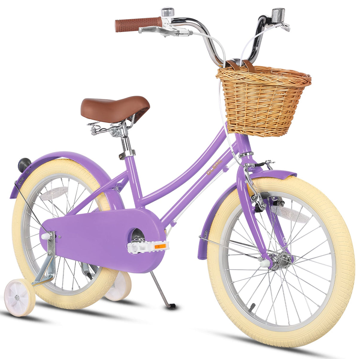 Glerc Little Molly 18 inch kids bike with stabilisers, wicker basket and mudguards in Purple, view 2