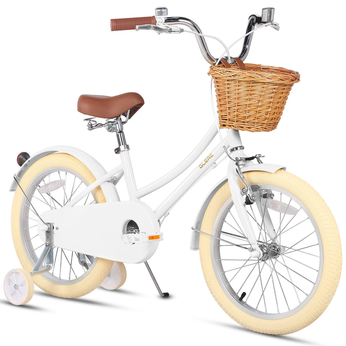 Glerc Little Molly 18 inch kids bike with stabilisers, wicker basket and mudguards in White, view 3