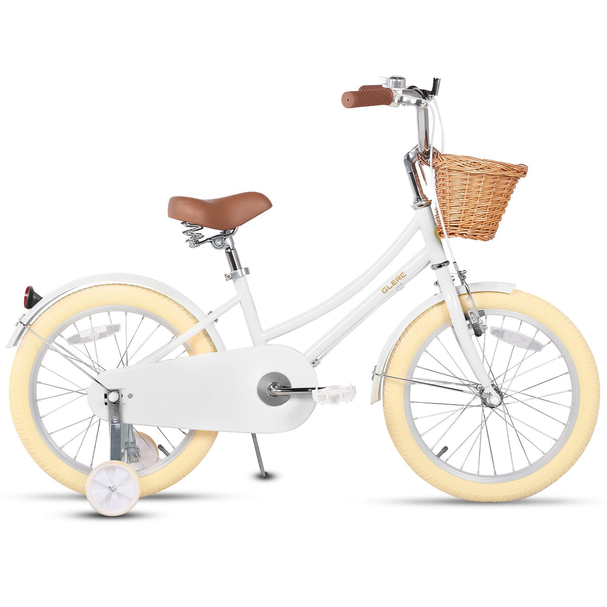 Glerc Little Molly 18 inch kids bike with stabilisers, wicker basket and mudguards in White