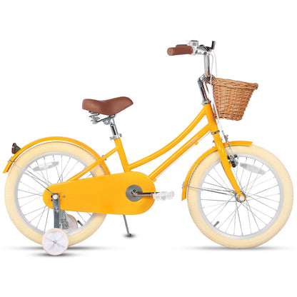 Glerc Little Molly 18 inch kids bike with stabilisers, wicker basket and mudguards in Yellow