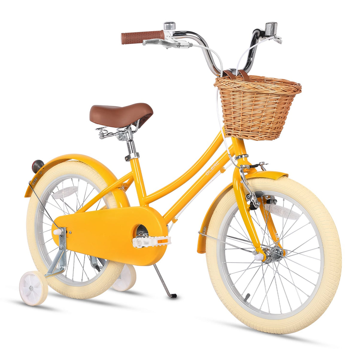 Glerc Little Molly 18 inch kids bike with stabilisers, wicker basket and mudguards in Yellow, view 3