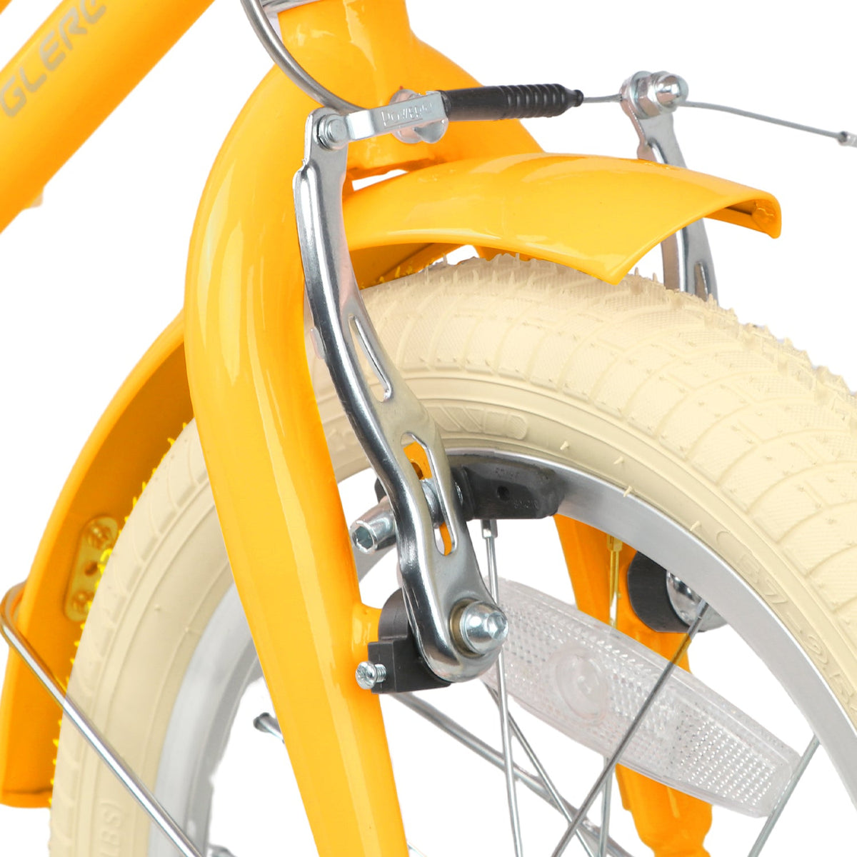Glerc Little Molly 18 inch kids bike with stabilisers, wicker basket and mudguards in Yellow, view 5