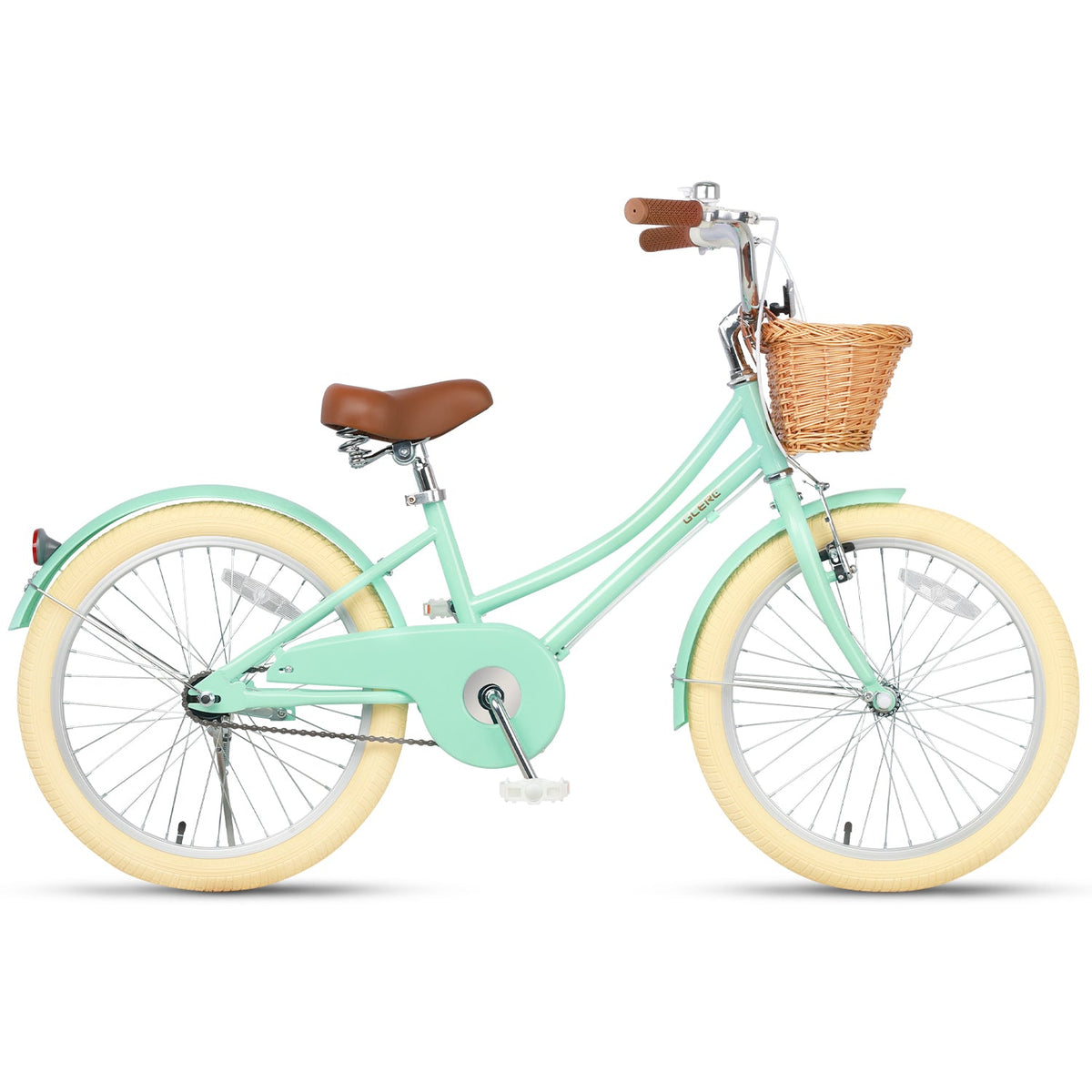 Glerc Little Molly 20 inch kids bike with wicker basket and mudguards in Mint Green