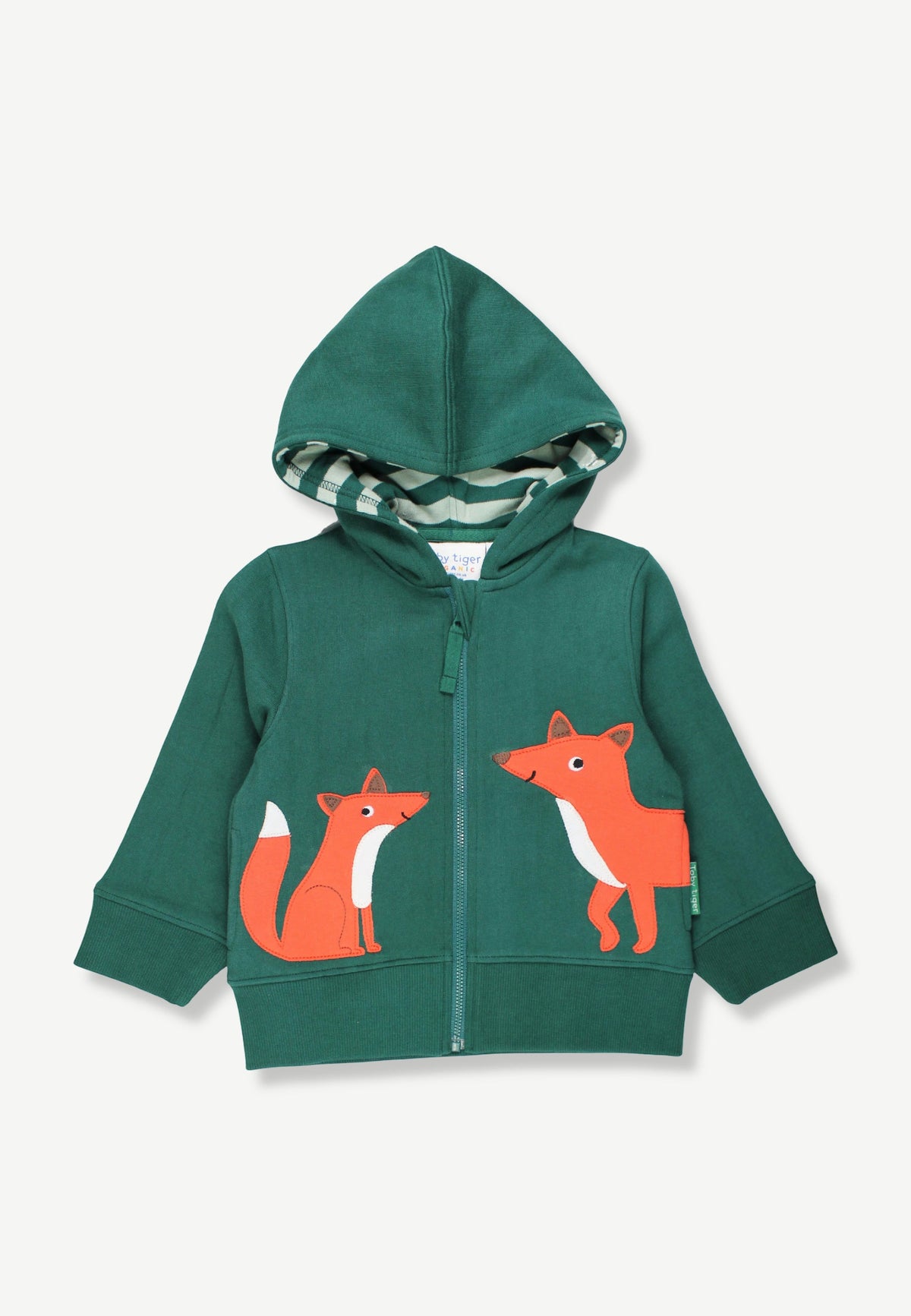 A dark green children's zip-up hoodie featuring two orange cartoon foxes printed on the front, with a striped pattern lining the hood, shown against a light gray background.