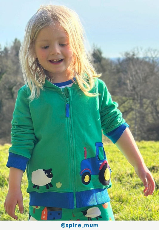 Toby Tiger Organic Hillside Applique Hoodie - GOTS certified organic cotton organic cotton kids hoodie - sustainable ethical children's clothing UK | Kiddykind
