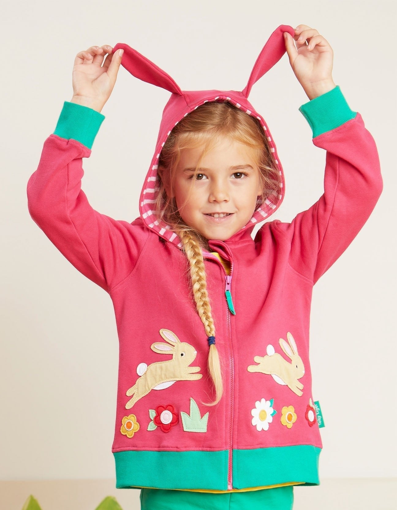 Organic Leaping Bunny Applique Hoodie by Toby Tiger, GOTS-certified, vetted by KIDDYKIND