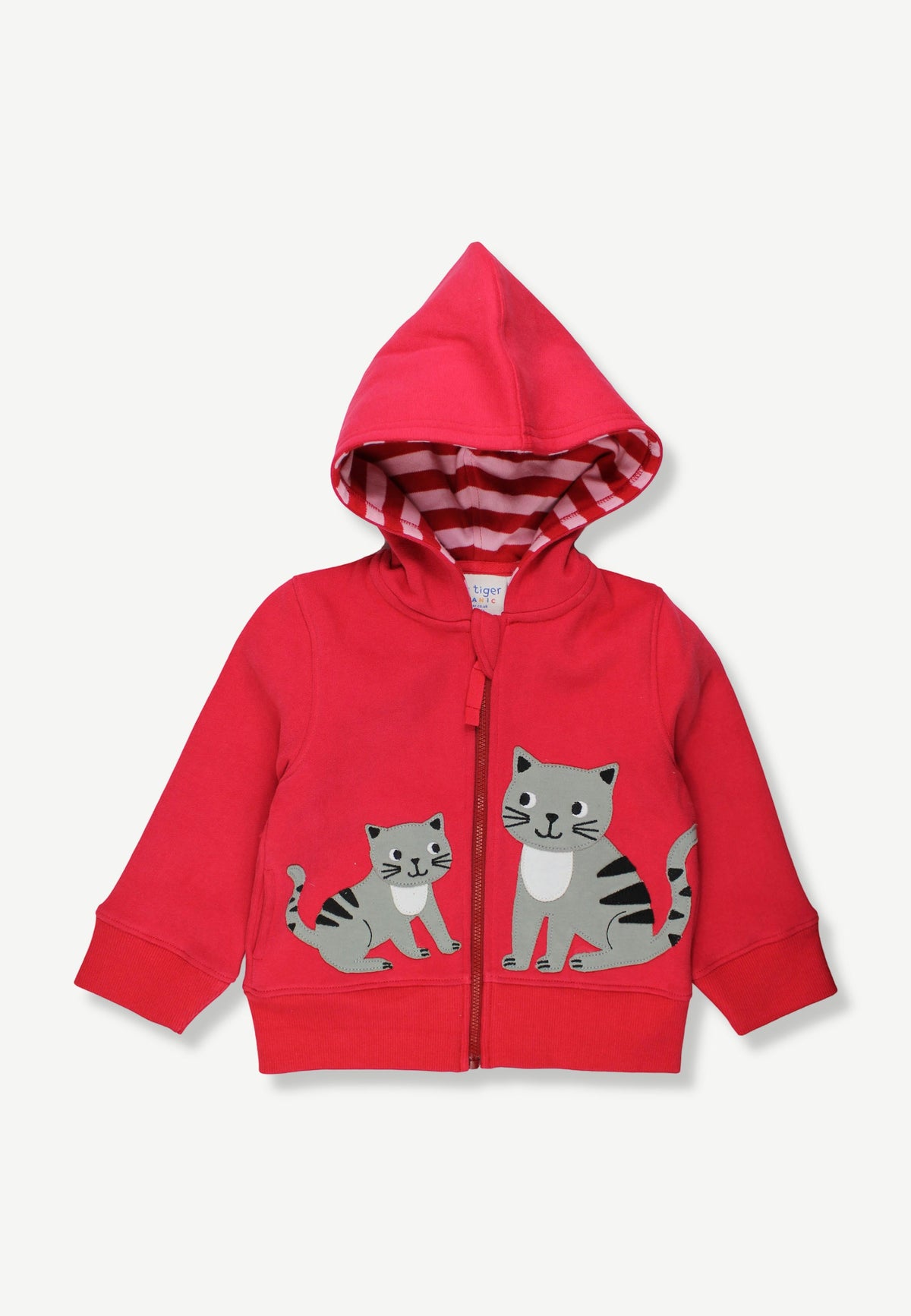 A red zip-up hoodie for toddlers, featuring a cartoon cat and kitten graphic on the front, a striped lining inside the hood, and a front zipper.