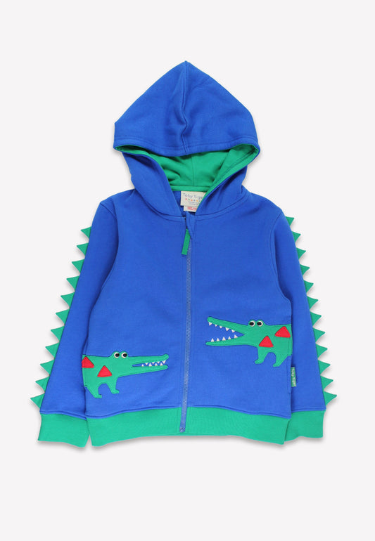 Blue hoodie with crocodile design on a white background