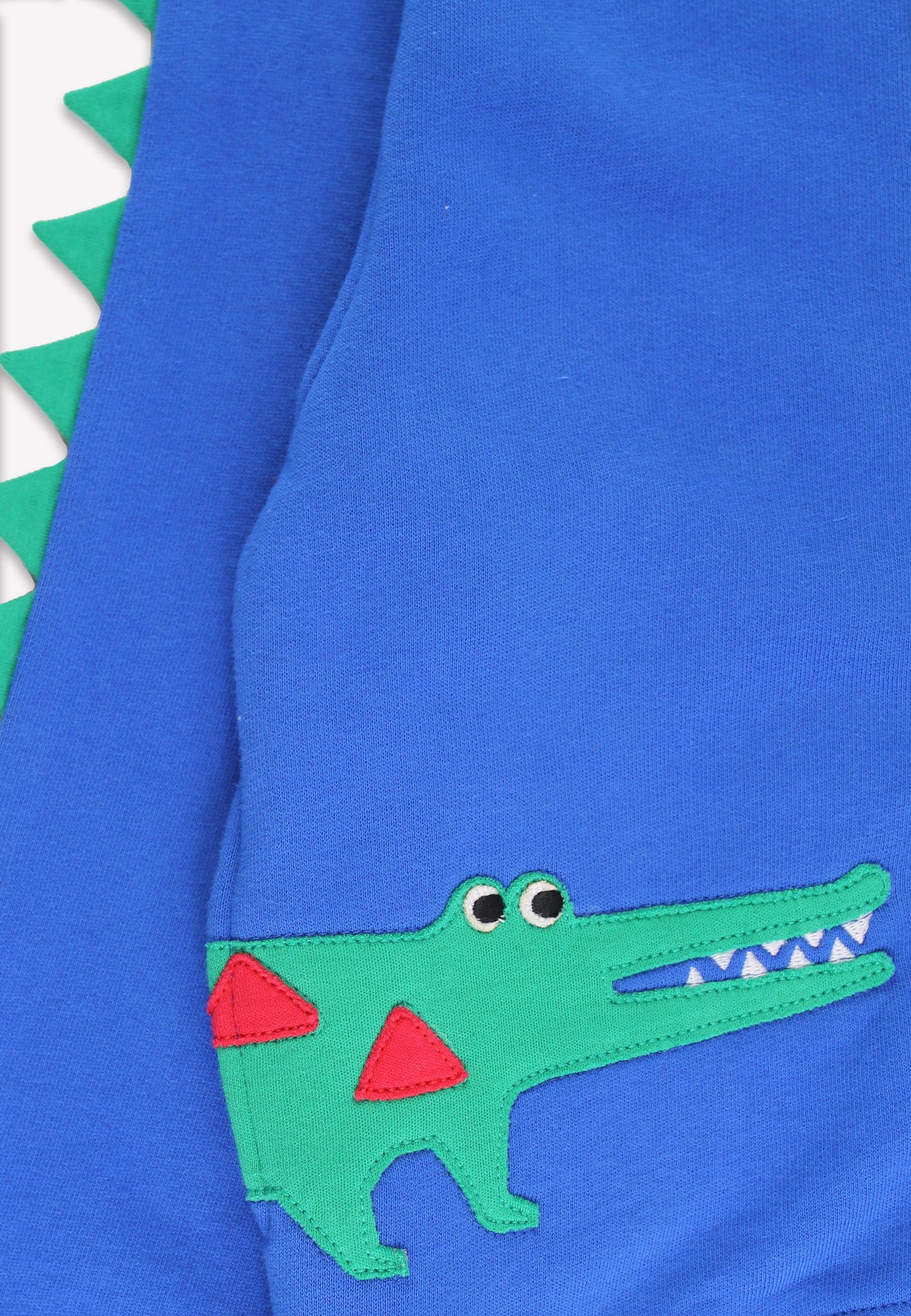 Close up of a blue hoodie with crocodile design on a white background