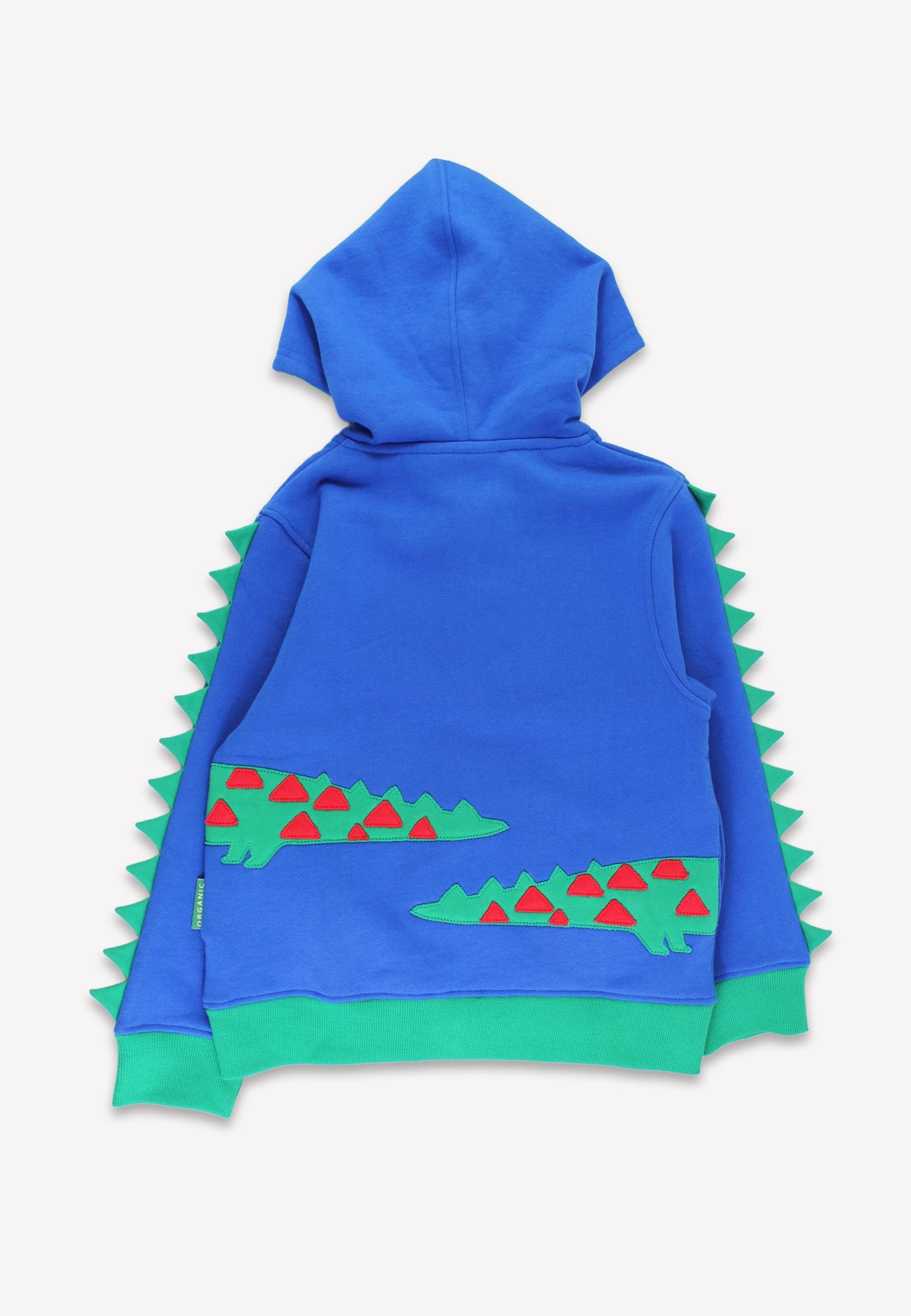 Back of a blue hoodie with crocodile design on a white background