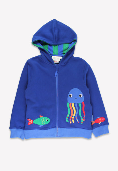 Blue children's hoodie with colorful jellyfish and fish designs on a white background