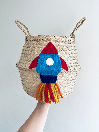 Handwoven seagrass red and blue rocket storage basket, view 4