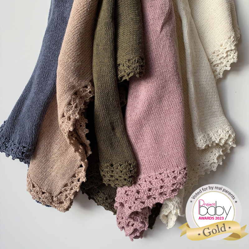 Organic cotton lightweight baby swaddle with crochet trim - The Florence Blanket