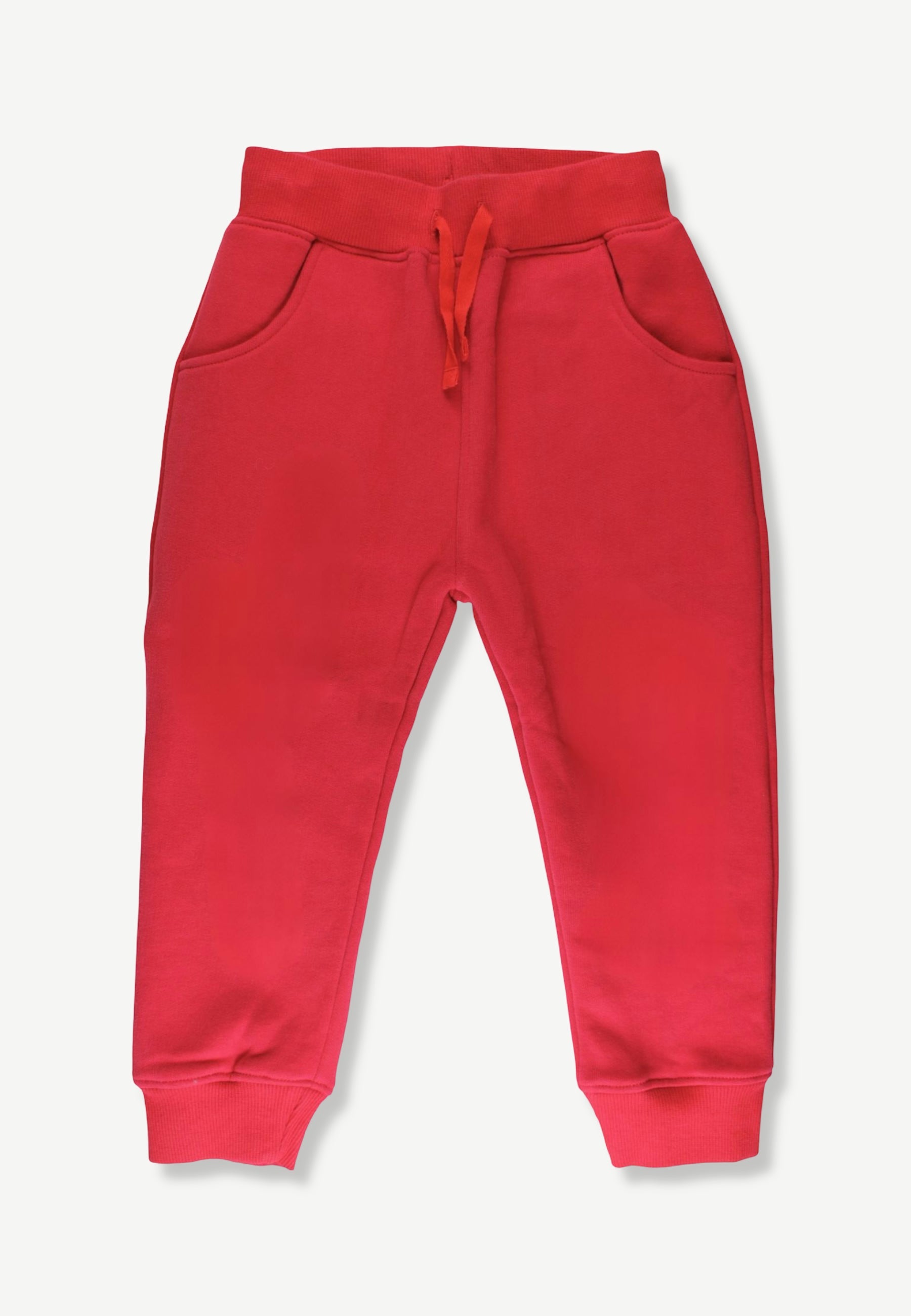 Red sweatpants with an elastic waistband, matching drawstring, side pockets, and ribbed ankle cuffs, shown flat on a light gray background.