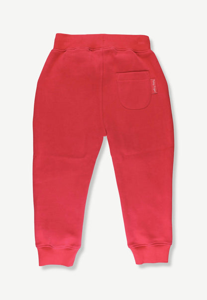 Red sweatpants shown from the back, featuring a wide elastic waistband, a side pocket, and ribbed ankle cuffs, photographed against a light gray background.