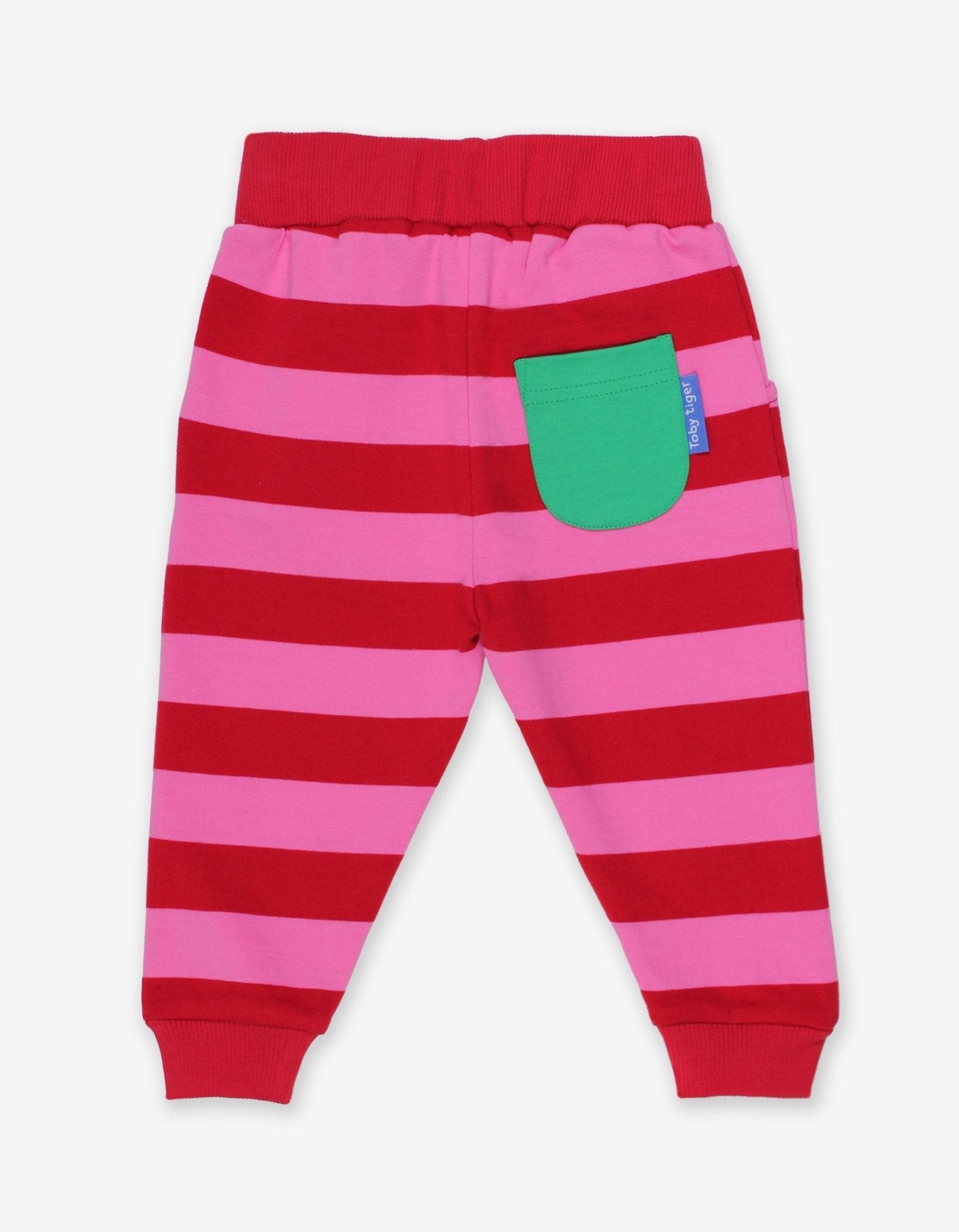 Organic Red Pink Striped Joggers by Toby Tiger, GOTS-certified, vetted by KIDDYKIND