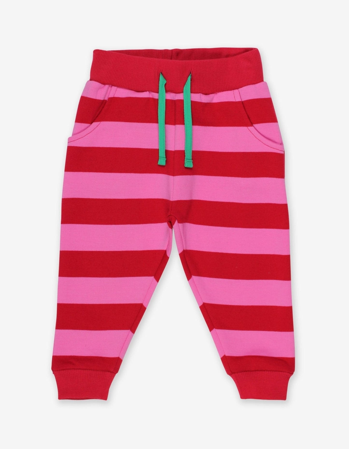 Organic Red Pink Striped Joggers by Toby Tiger, GOTS-certified, vetted by KIDDYKIND