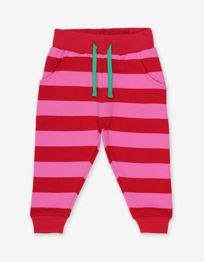 Organic Red Pink Striped Joggers by Toby Tiger, GOTS-certified, vetted by KIDDYKIND