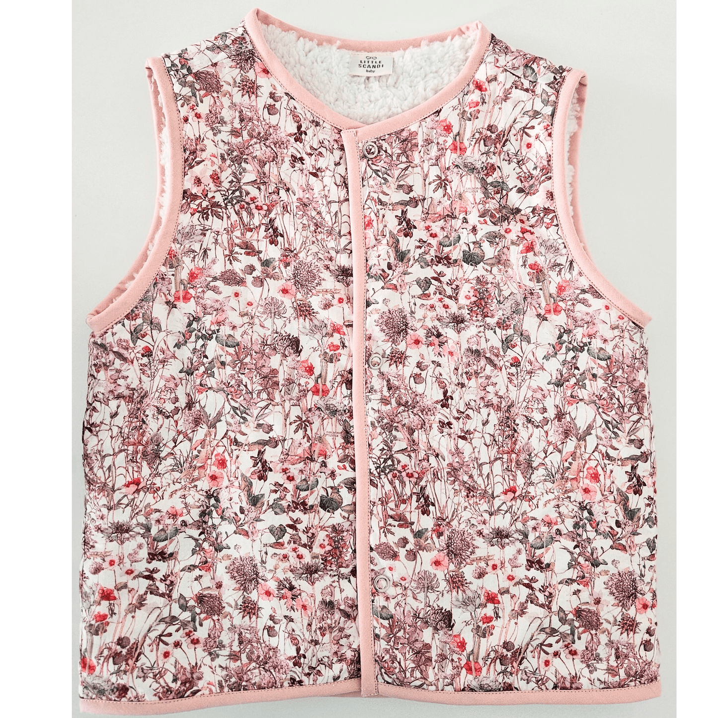 Kids Stylish - Pink Rosablomst Vest design - Gilet Outerwear Clothing Sleeveless Vest Warm Vest Scandi Stylish - front view of vest - Little Scandi baby
