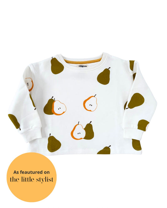 Kids unisex pear print organic undyed cotton sweater. Sustainable gender neutral kidswear.