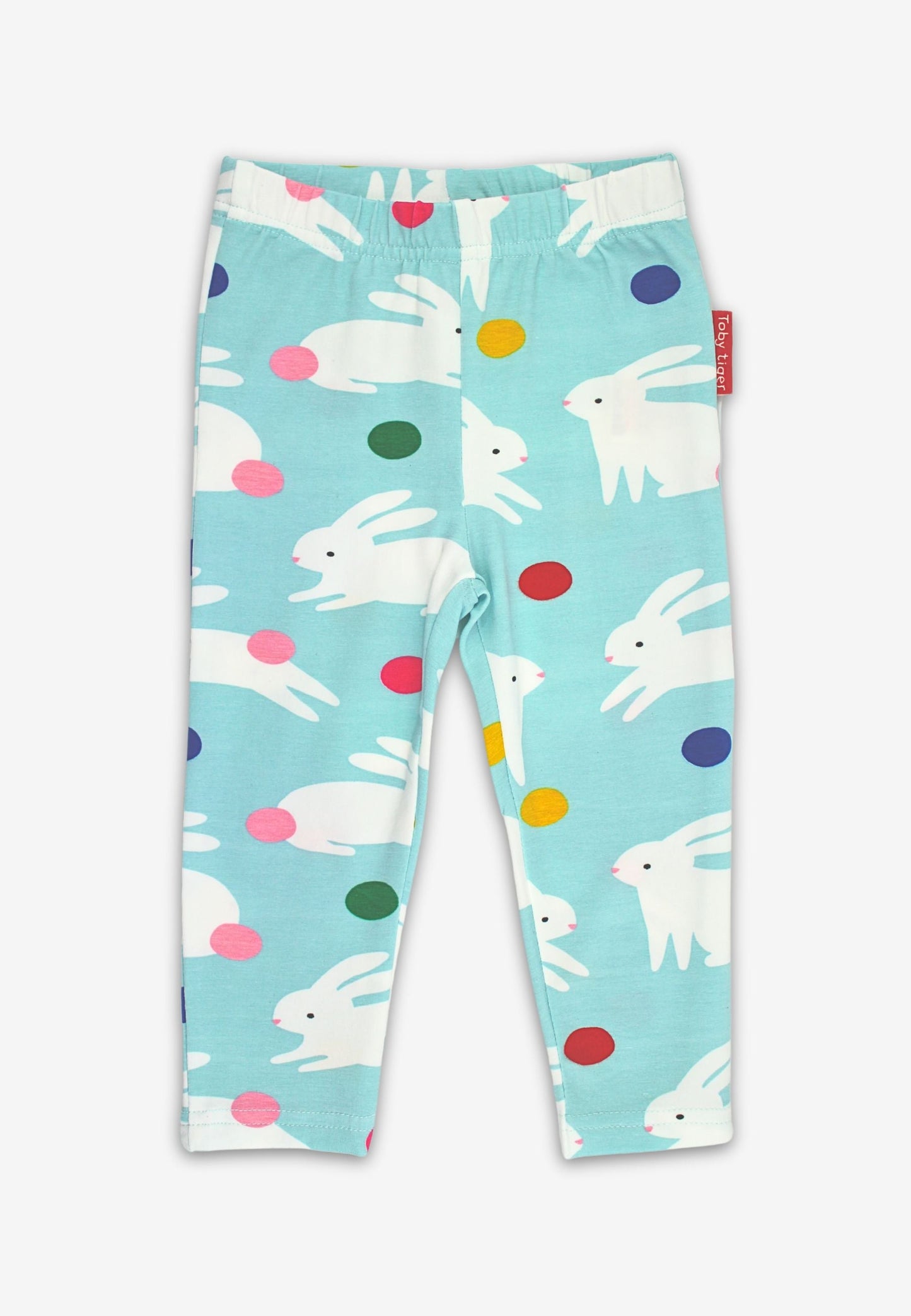 Children's leggings with bunny and Easter egg pattern on a light blue background