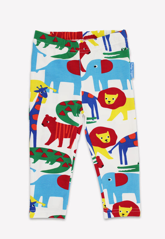 Colorful children's leggings with animal prints on a white background
