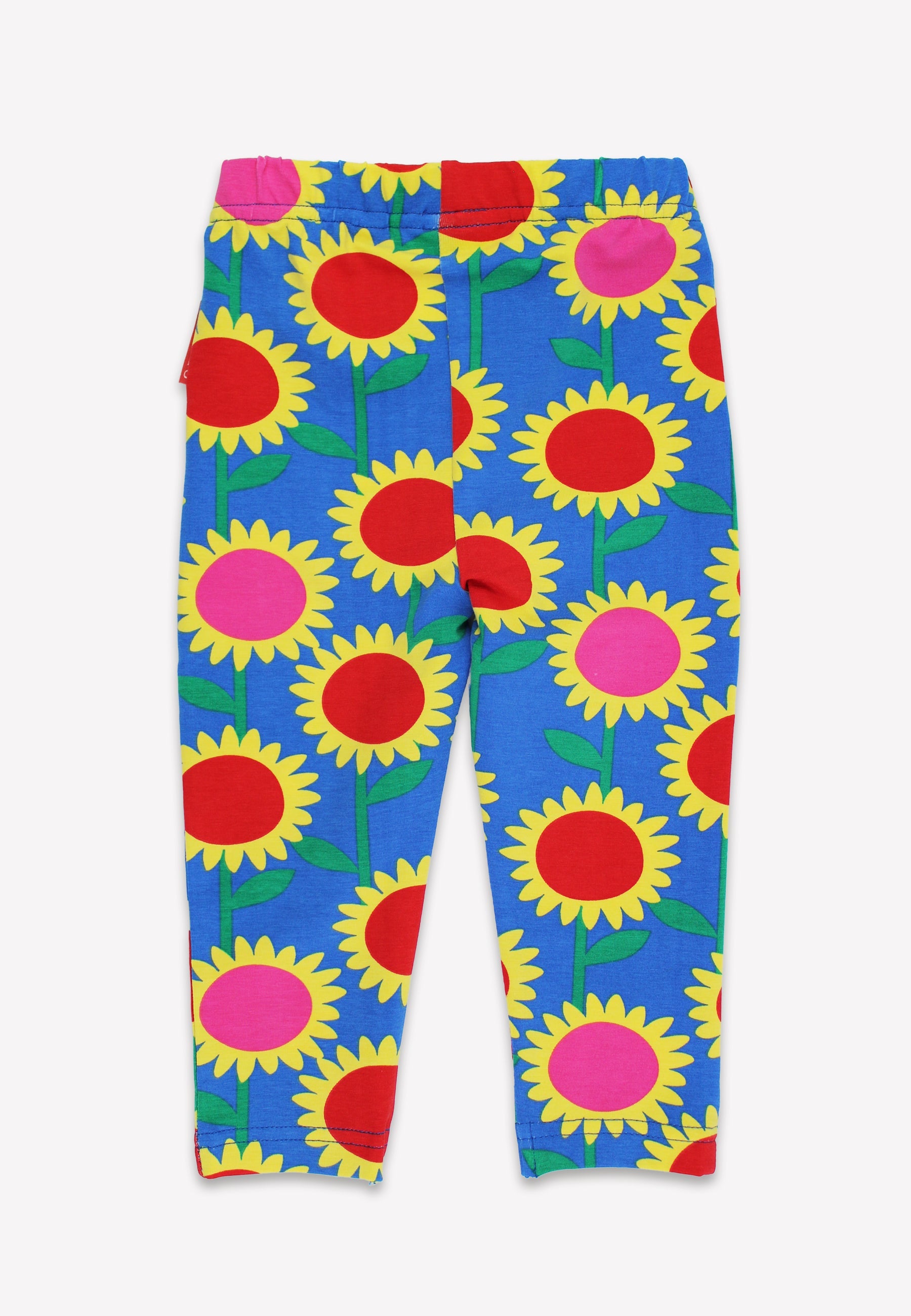 Colorful sunflower-patterned leggings on a white background