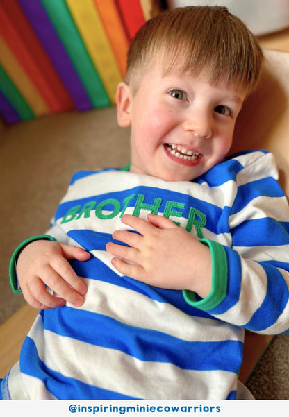 Organic Blue Stripe Brother Applique Long-Sleeved T-Shirt