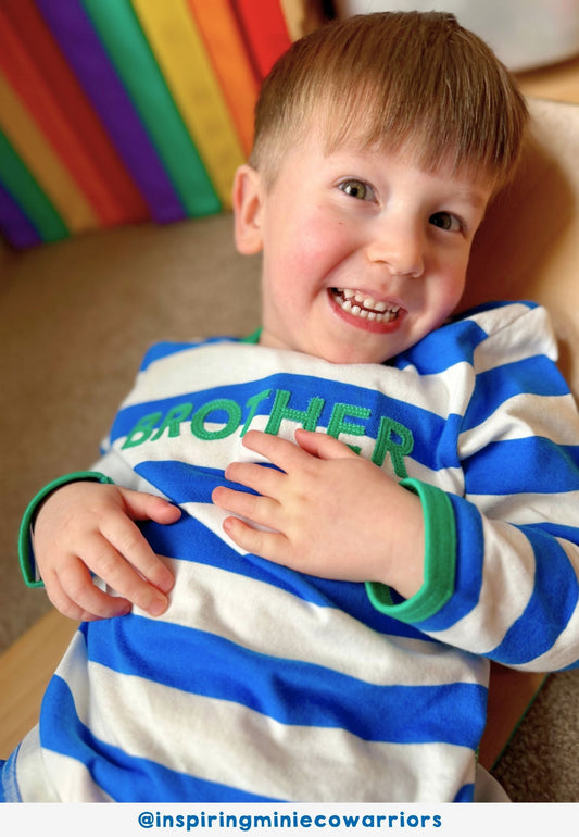 Organic Blue Stripe Brother Applique Long-Sleeved T-Shirt