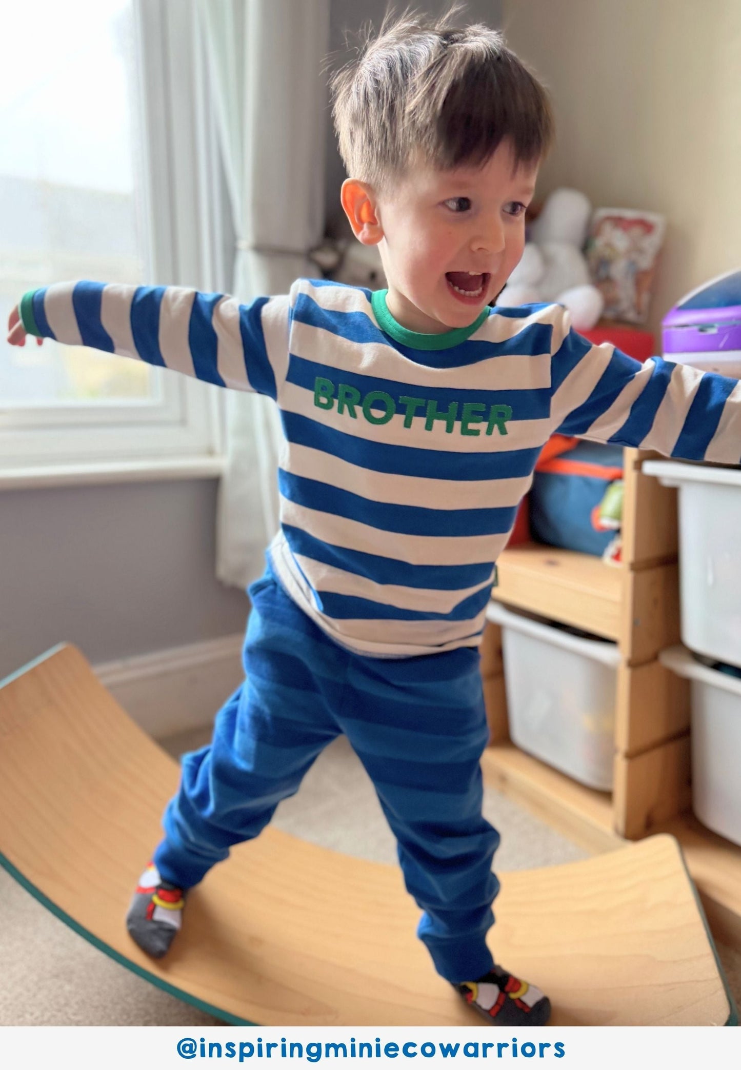 Organic Blue Stripe Brother Applique Long-Sleeved T-Shirt