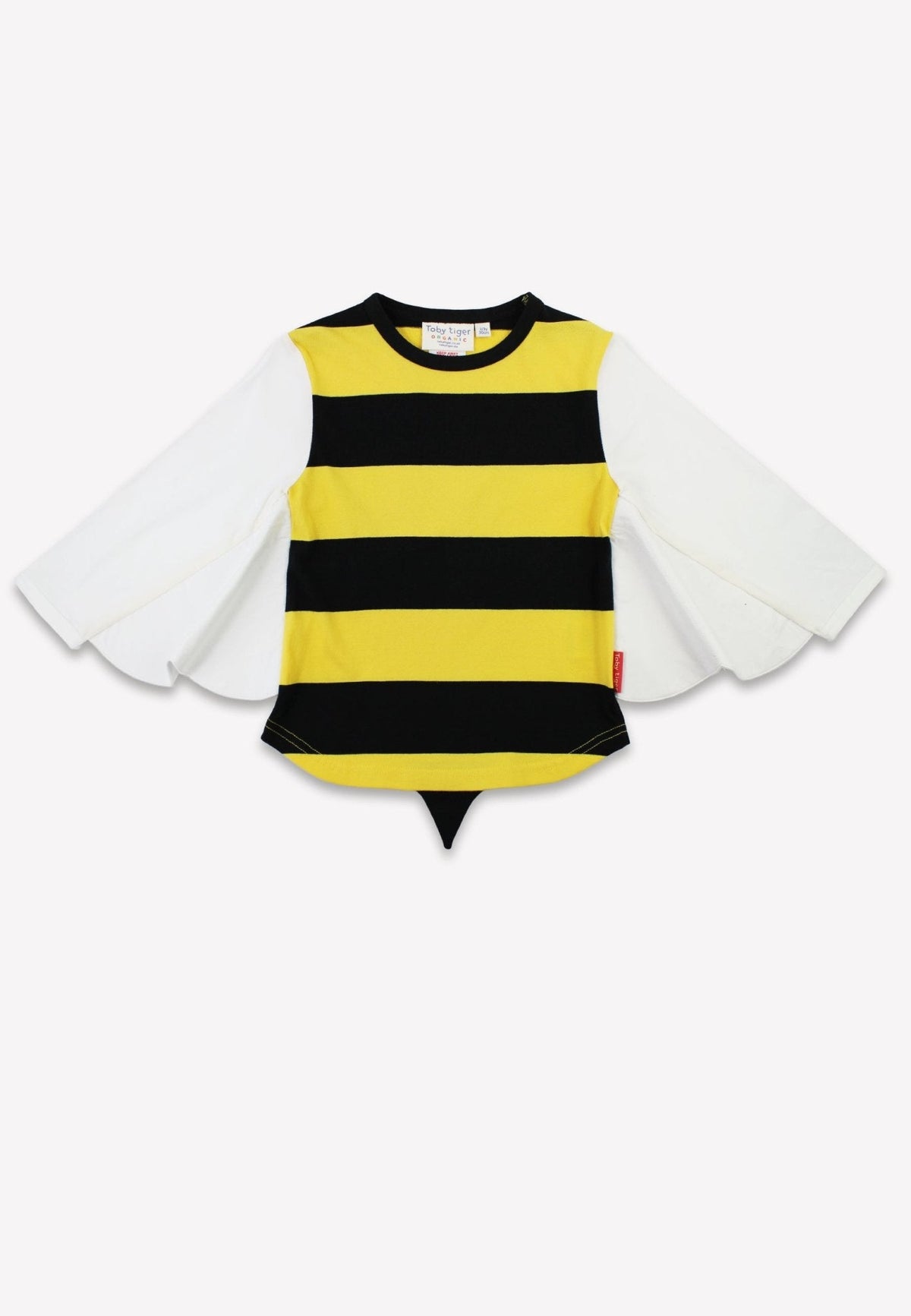 Children's costume with black and yellow striped shirt and white wings on a white background