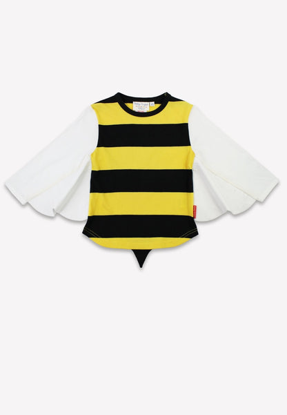 Children's costume with black and yellow striped shirt and white wings on a white background